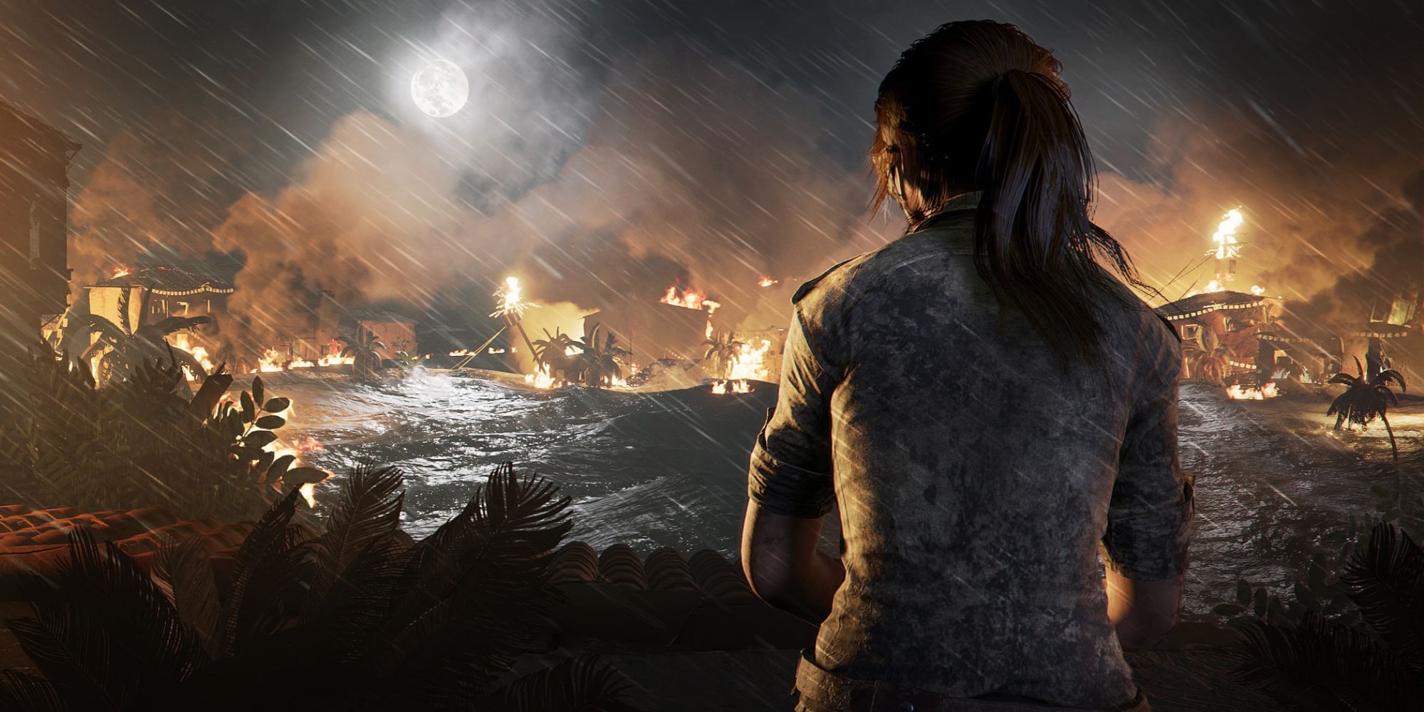 Lara Croft watching flood in Shadow Of The Tomb Raider