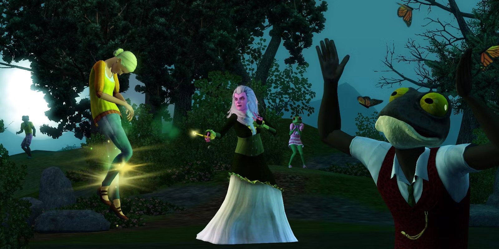 A witch casts a spell on an unsuspecting Sim, while another looks frightened after being turned into a toad