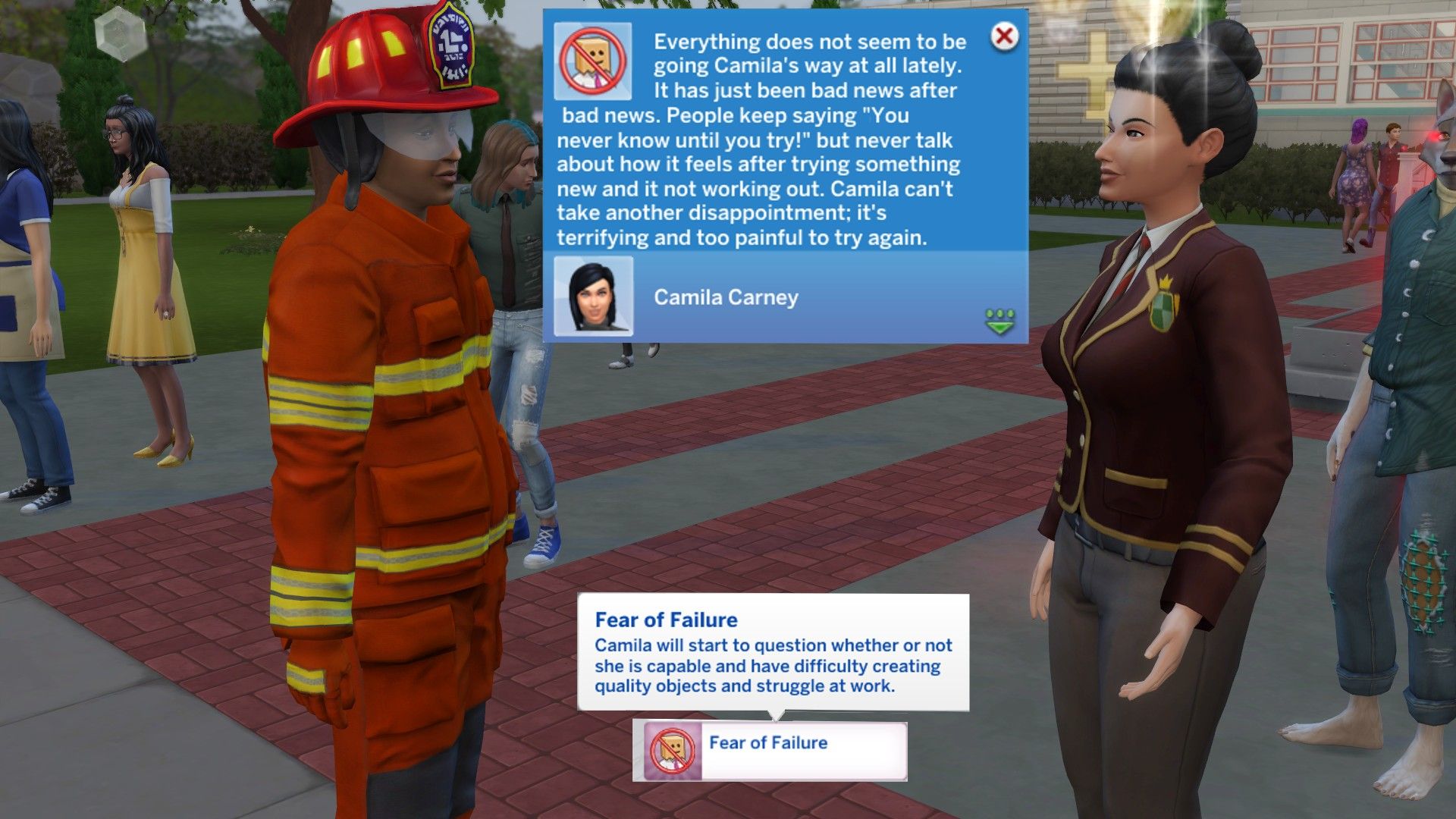 The principal talks to a firefighter at the high school fire drill in The Sims 4