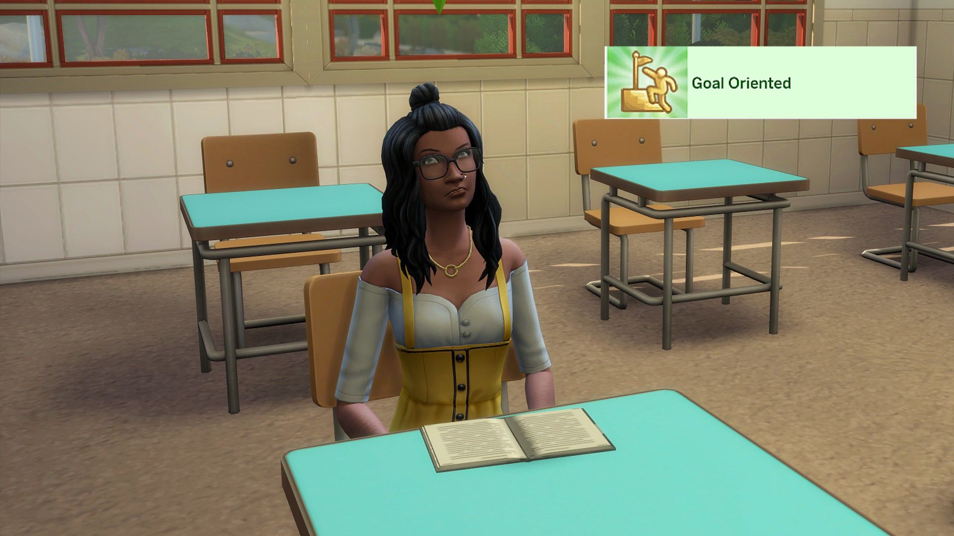 A confused teen tries to study in The Sims 4