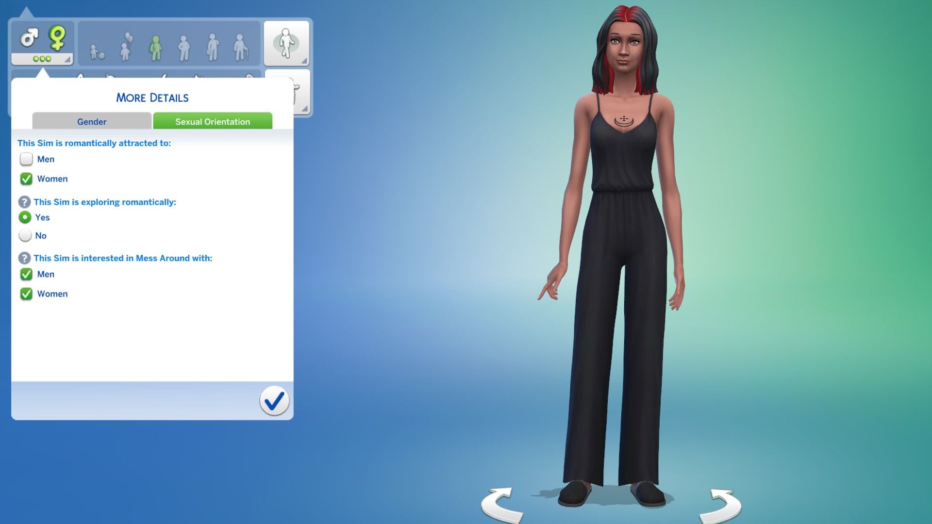 A Sim sexuality options menu screenshot, with the character standing still on the right.