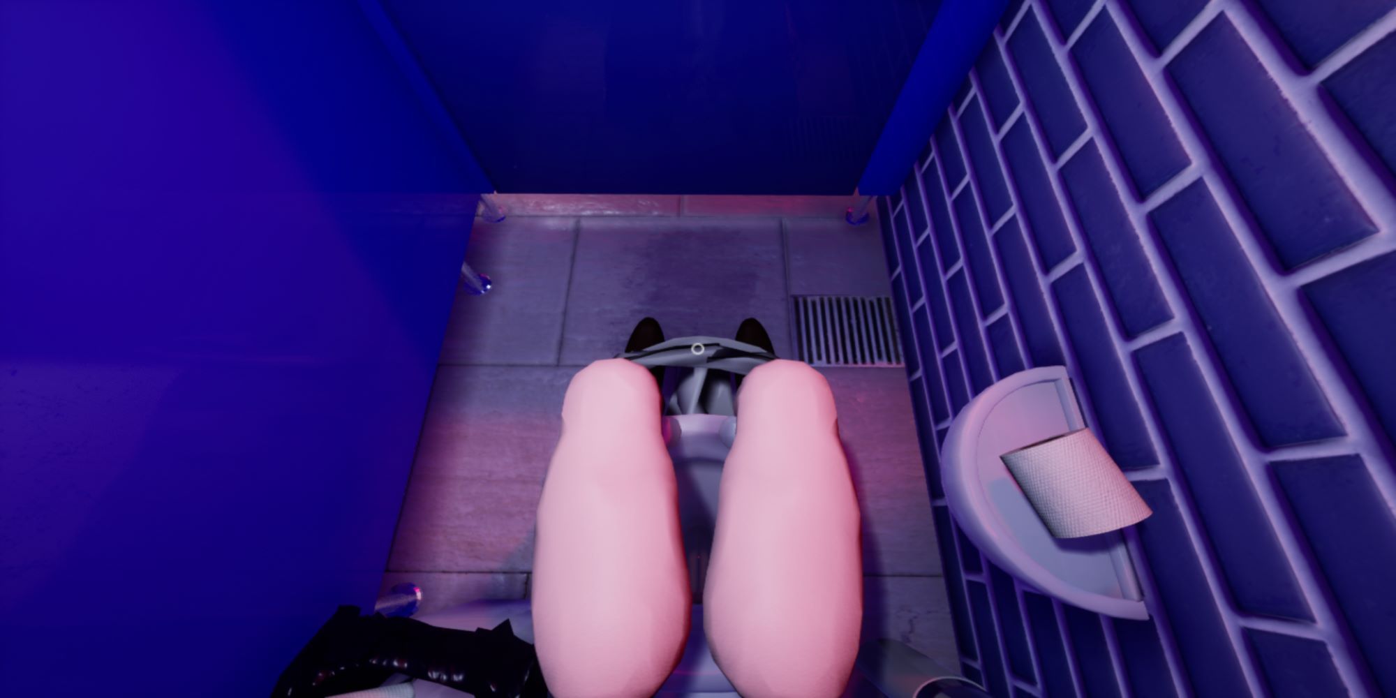 The player sits on the toilet in a blue-tiled bathroom stall in The Toilet Chronicles: Part 1.