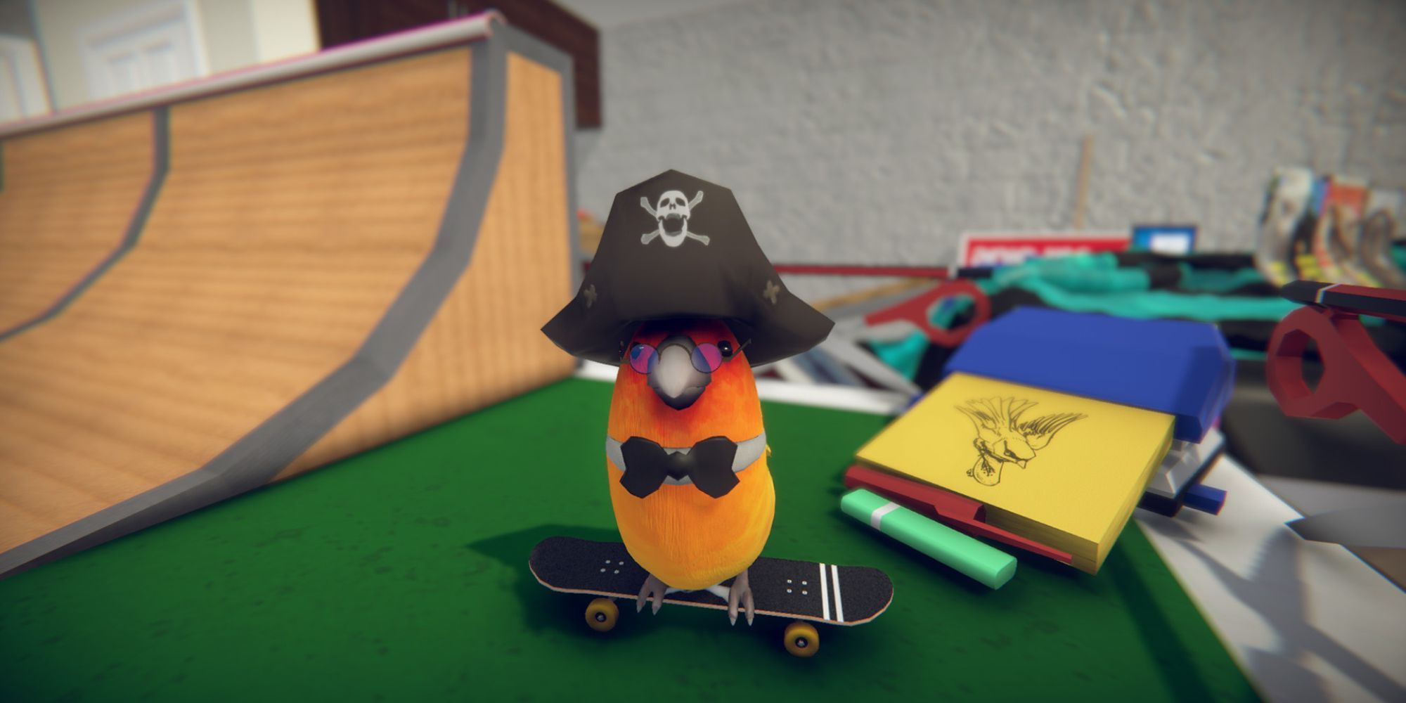 A bird with a pirate's hat on a skateboard