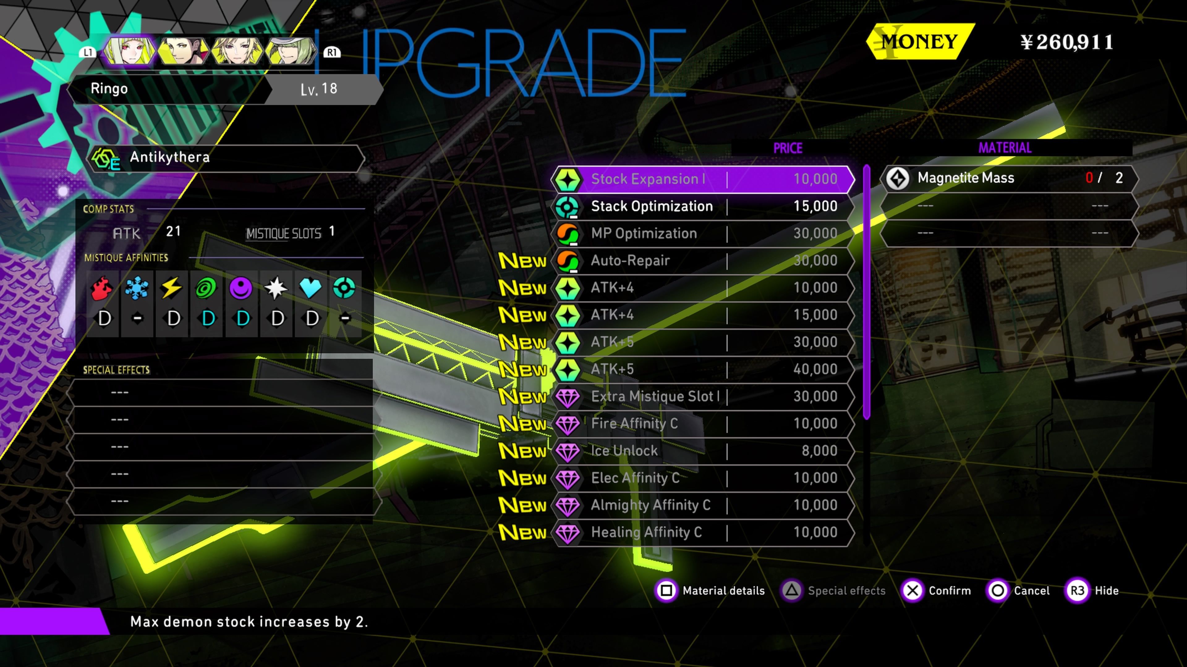 Soul Hackers 2 COMP Smith upgrade menu