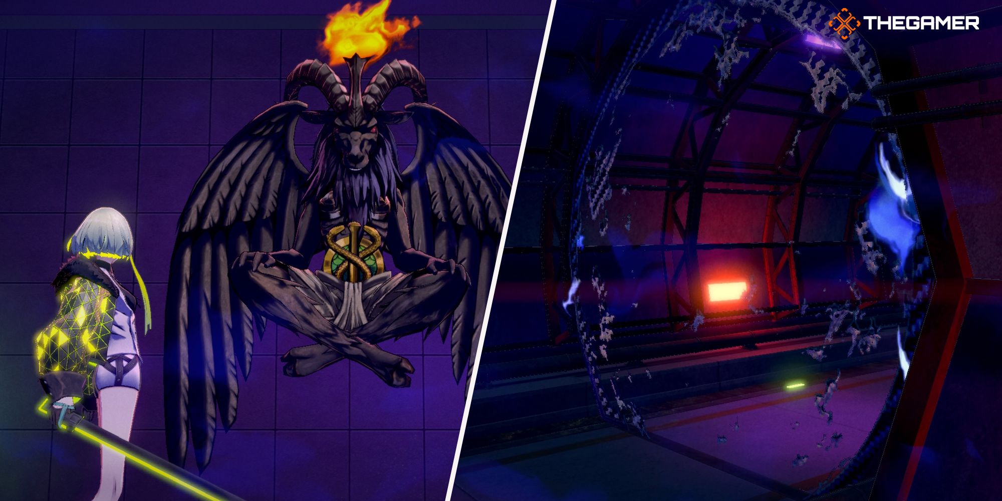 Soul Hackers 2 split image of Ringo and the goat headed demon and a broken barrier