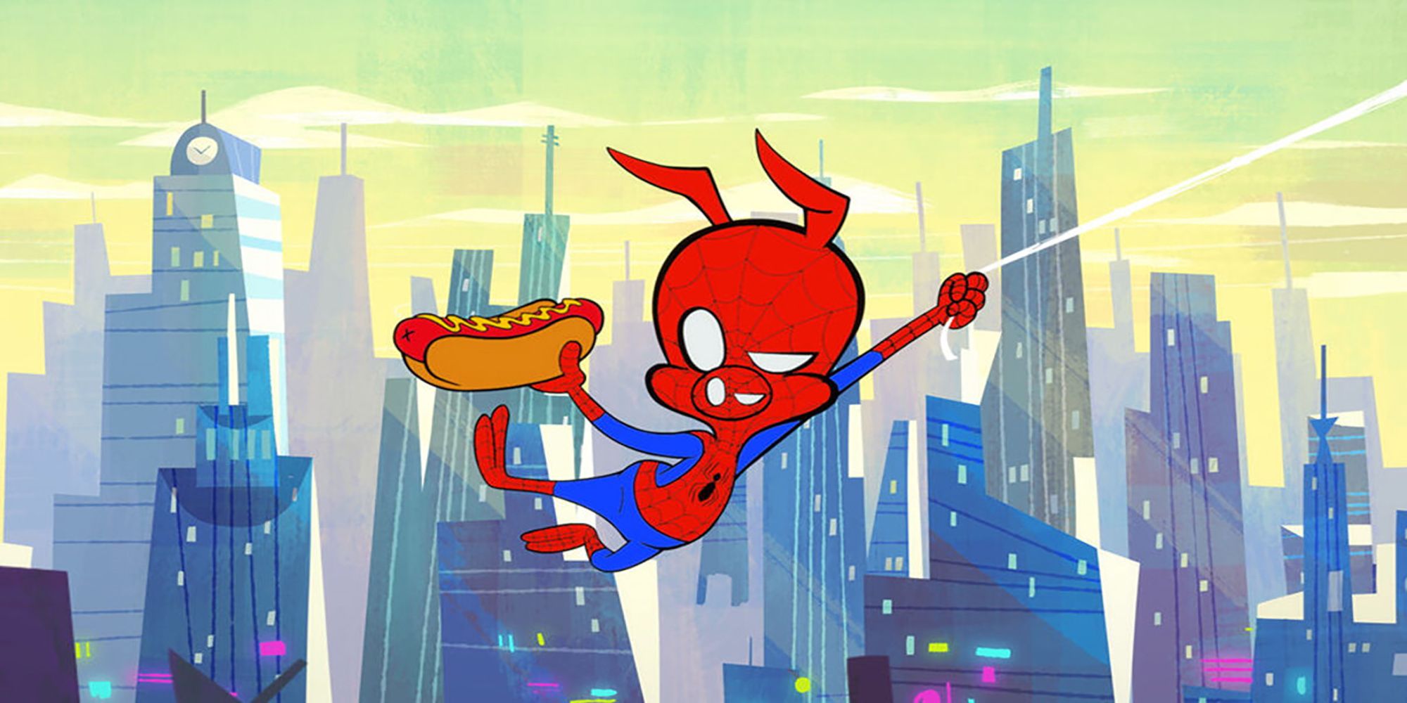Spider Ham swings through the city in a short from the Spiderman Into The Spiderverse Blue-Ray.