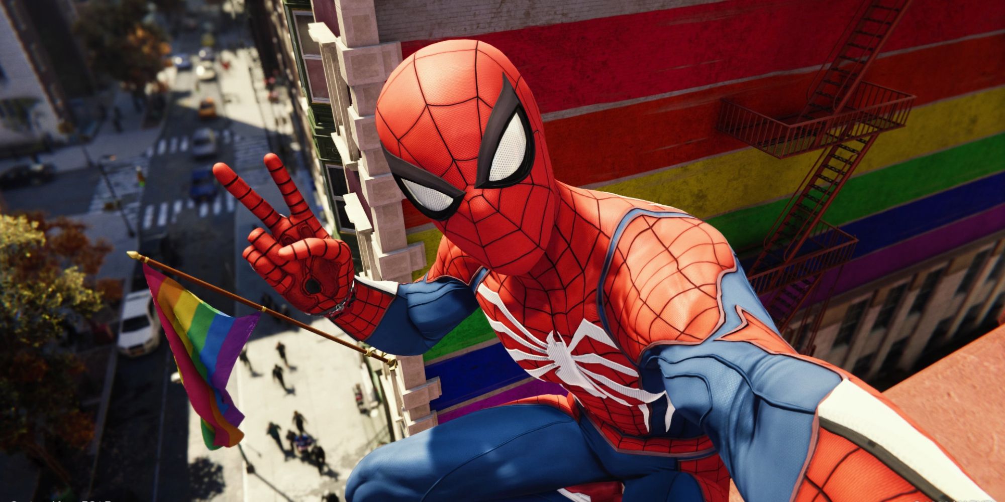 Spider-Man in front of Pride flags