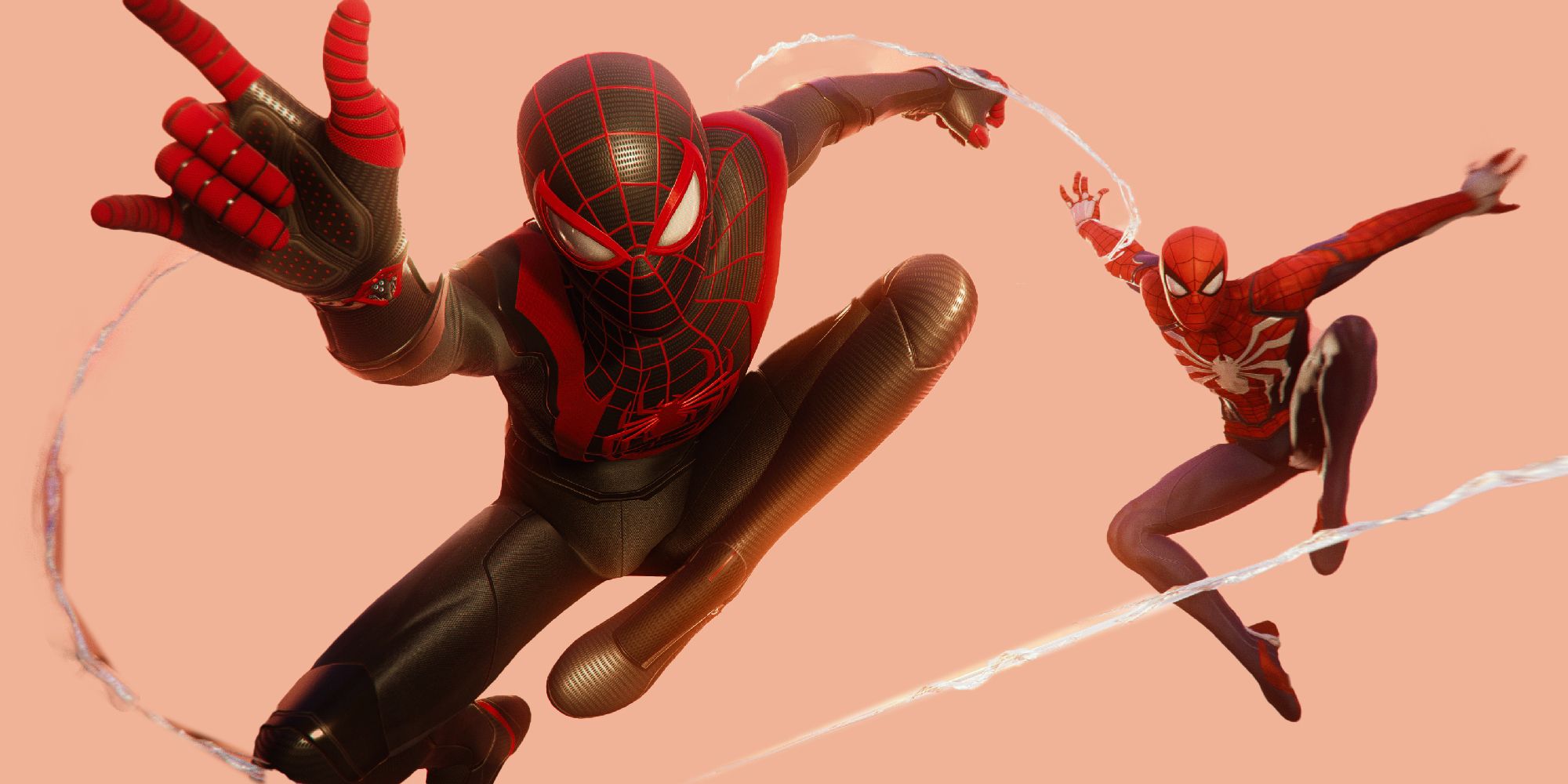 Spider-Men peter parker and miles morales in their suits swinging on webs