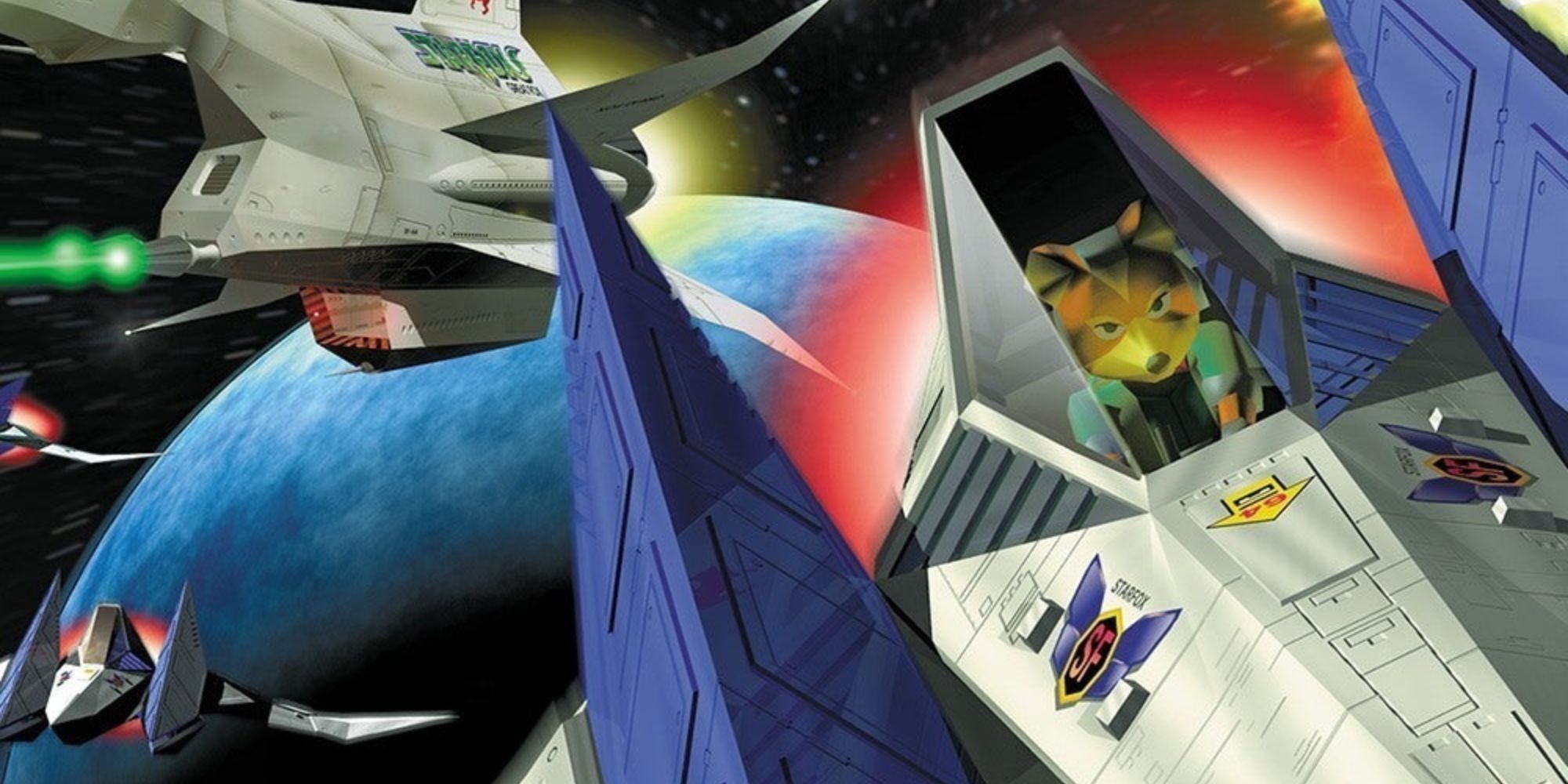 Fox drives the Arwing through space in Star Fox 64's box art