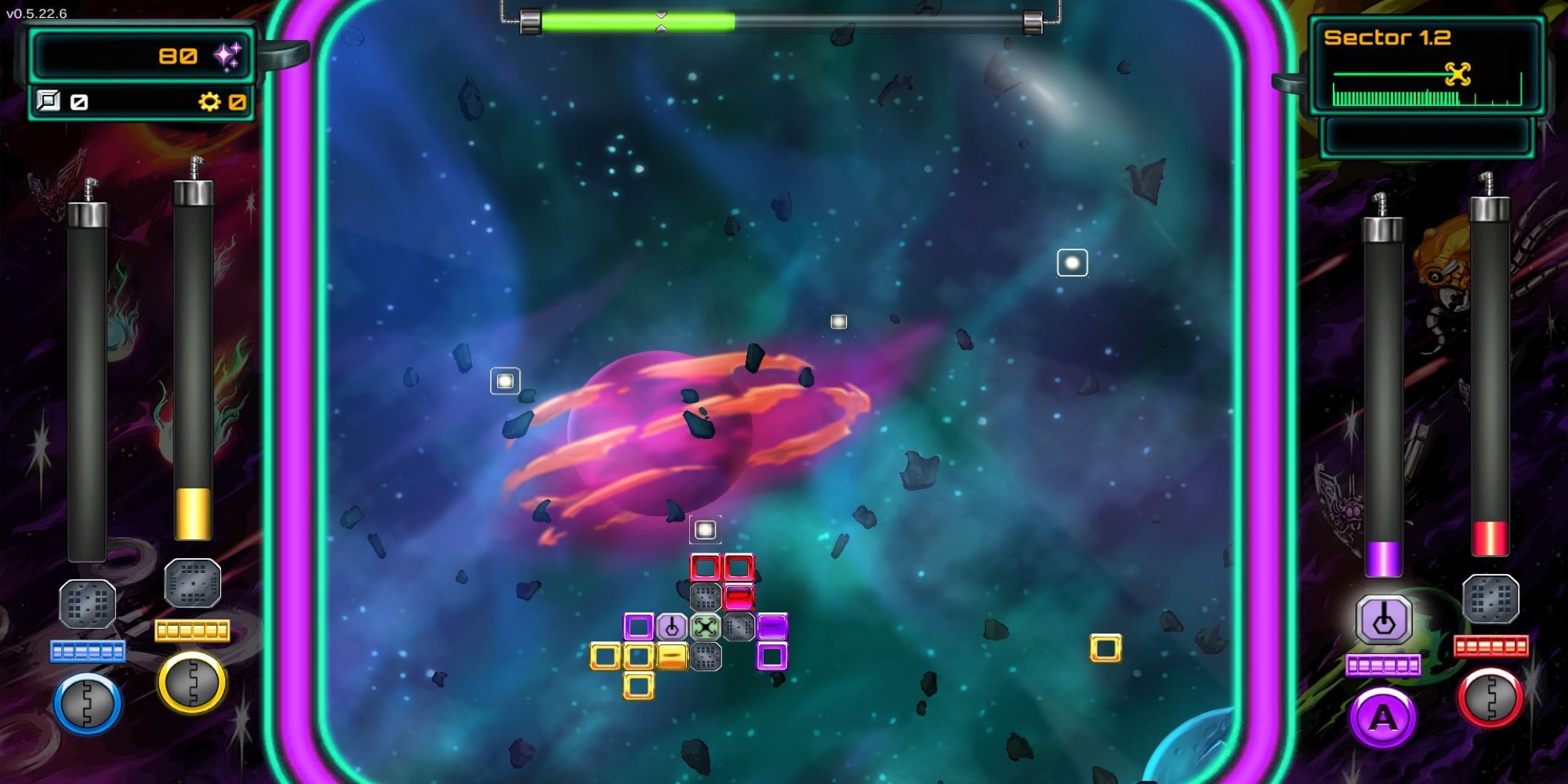 A space ship collects star dust and weapon ammo through an asteroid field in Star Salvager.
