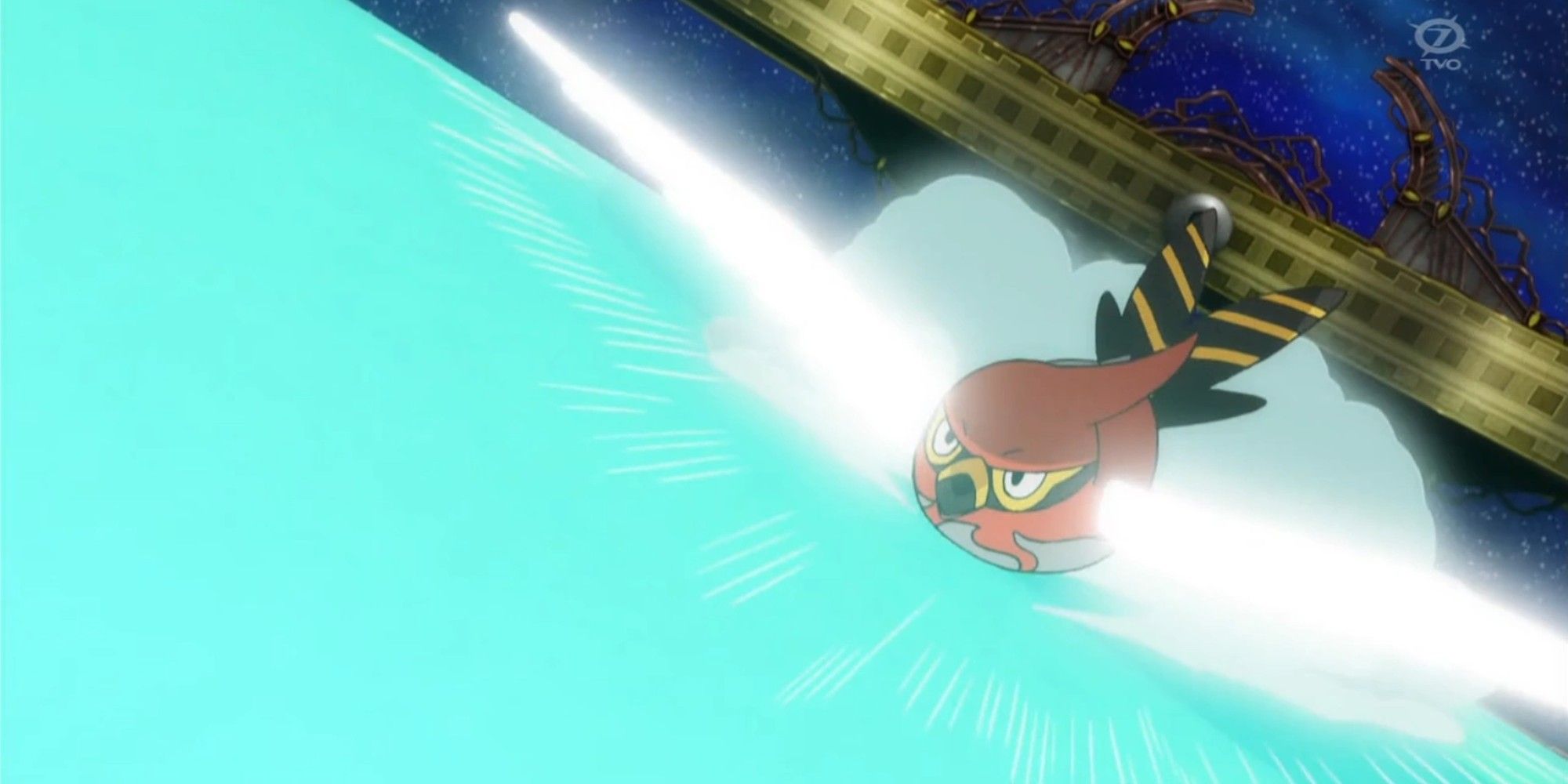 Talonflame using Steel Wing flying over water