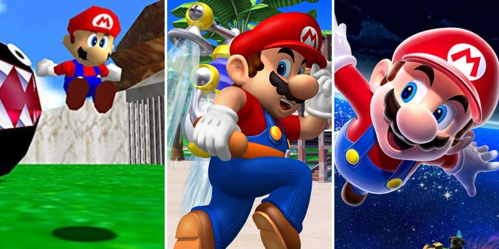 Mario jumps away from a Chain-Chomp, Mario jumps with F.L.U.D.D, Mario flies through space