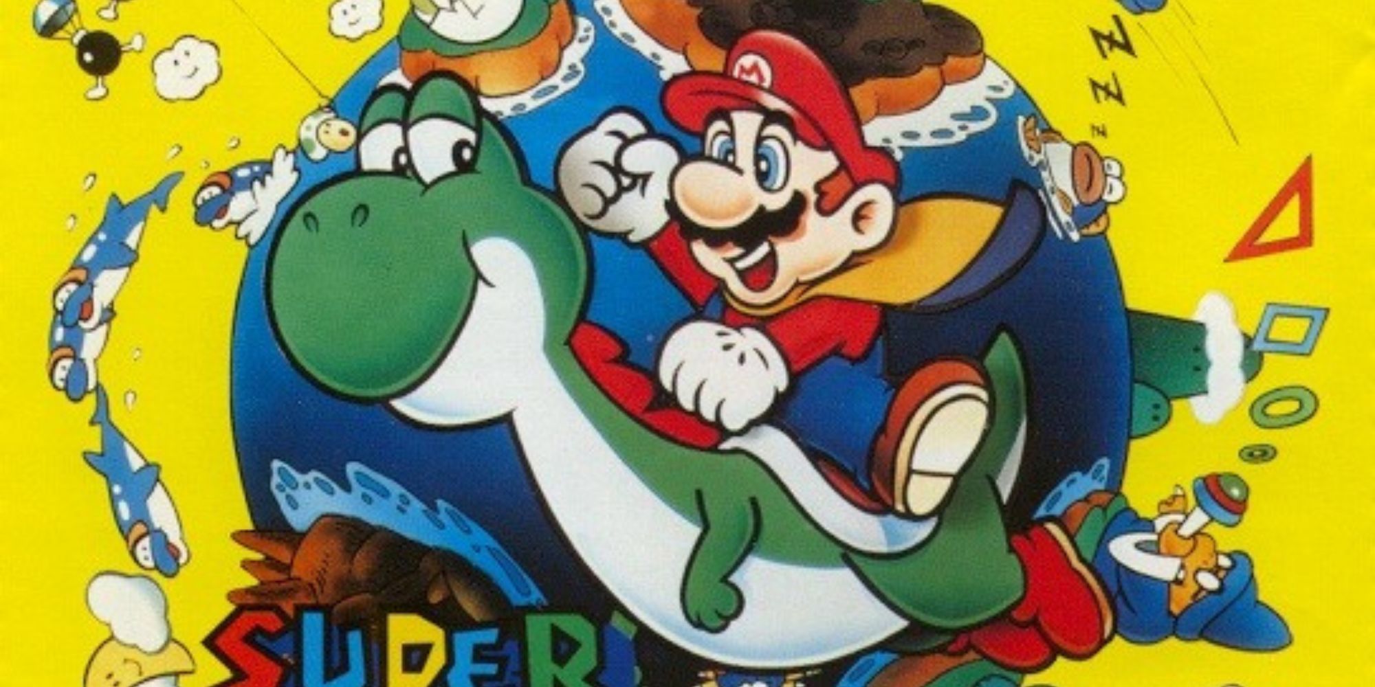 Mario rides Yoshi over a map of Dinosaur Land in the Super Mario World box art