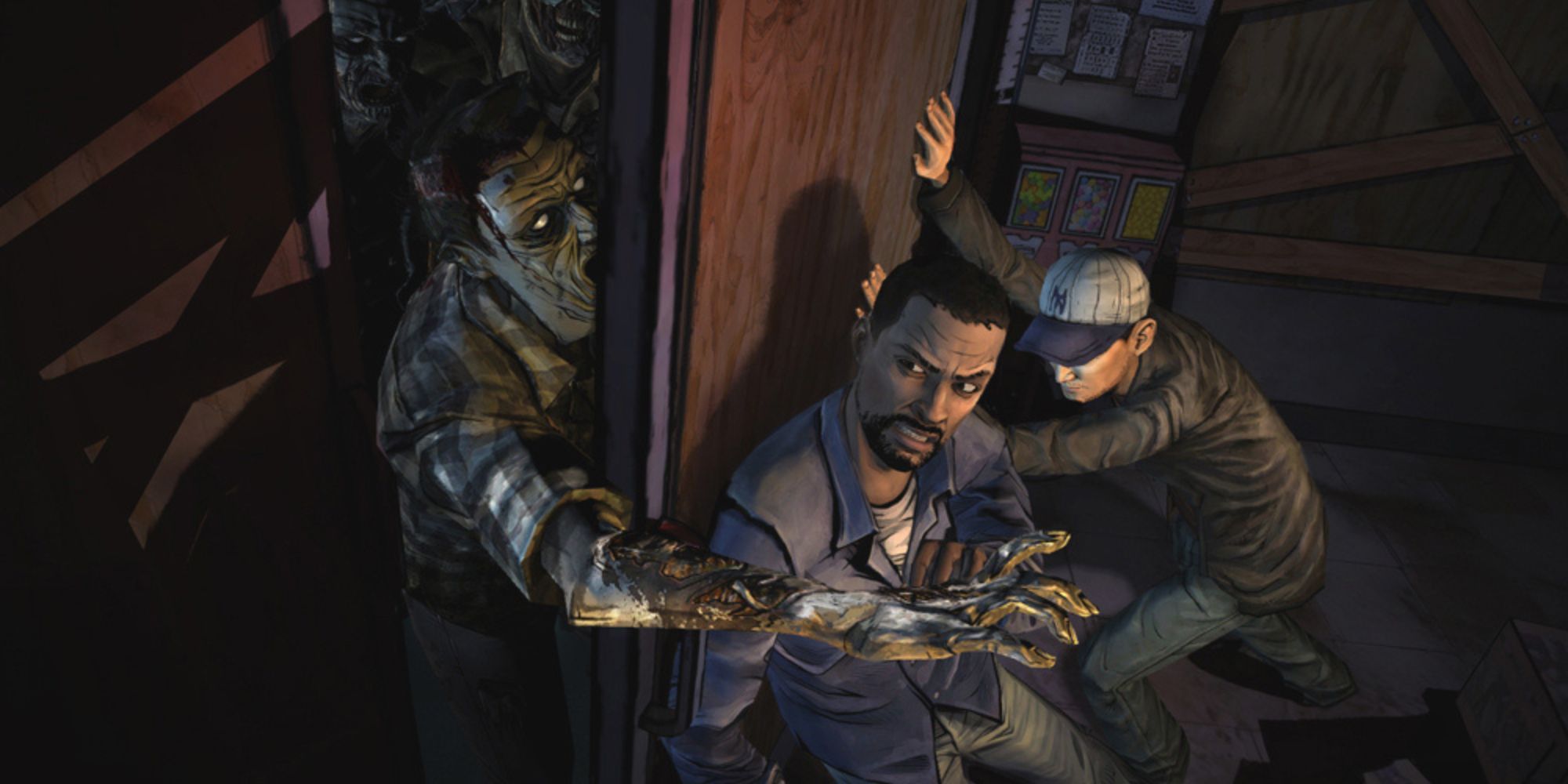 Lee holding off zombies In Telltale's The Walking Dead