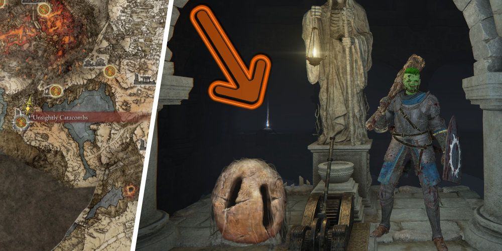 Split image of a map and a man standing next to a metal lever and a stone statue