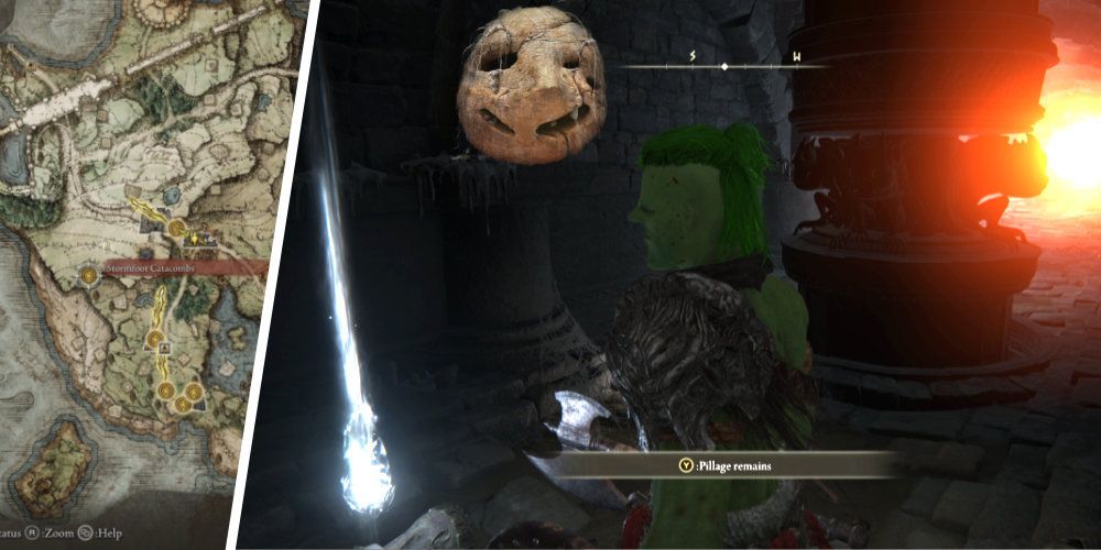 Split image of a map and a man standing behind a fire breathing pillar underground.