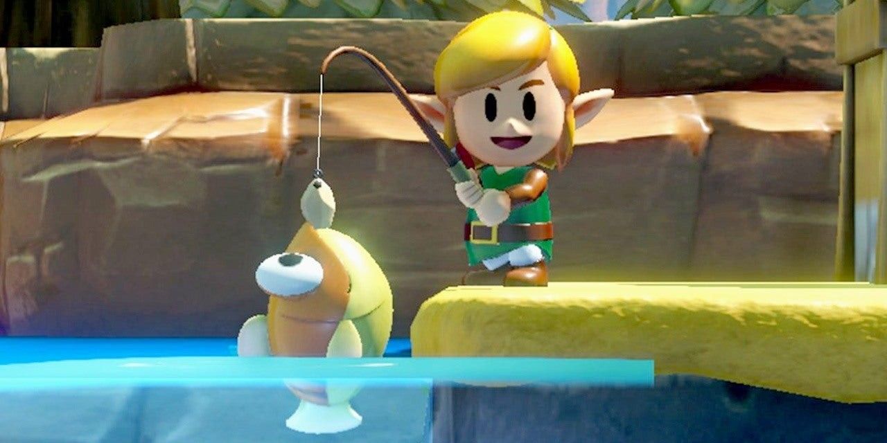 The Legend of Zelda Link's Awakening screenshot of Link smiling after catching a fish