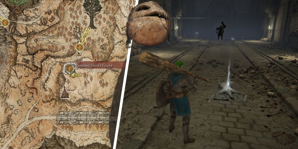 Split image of a map and of a warrior in a large catacombs room, a shadowy figure standing on the other side of the room