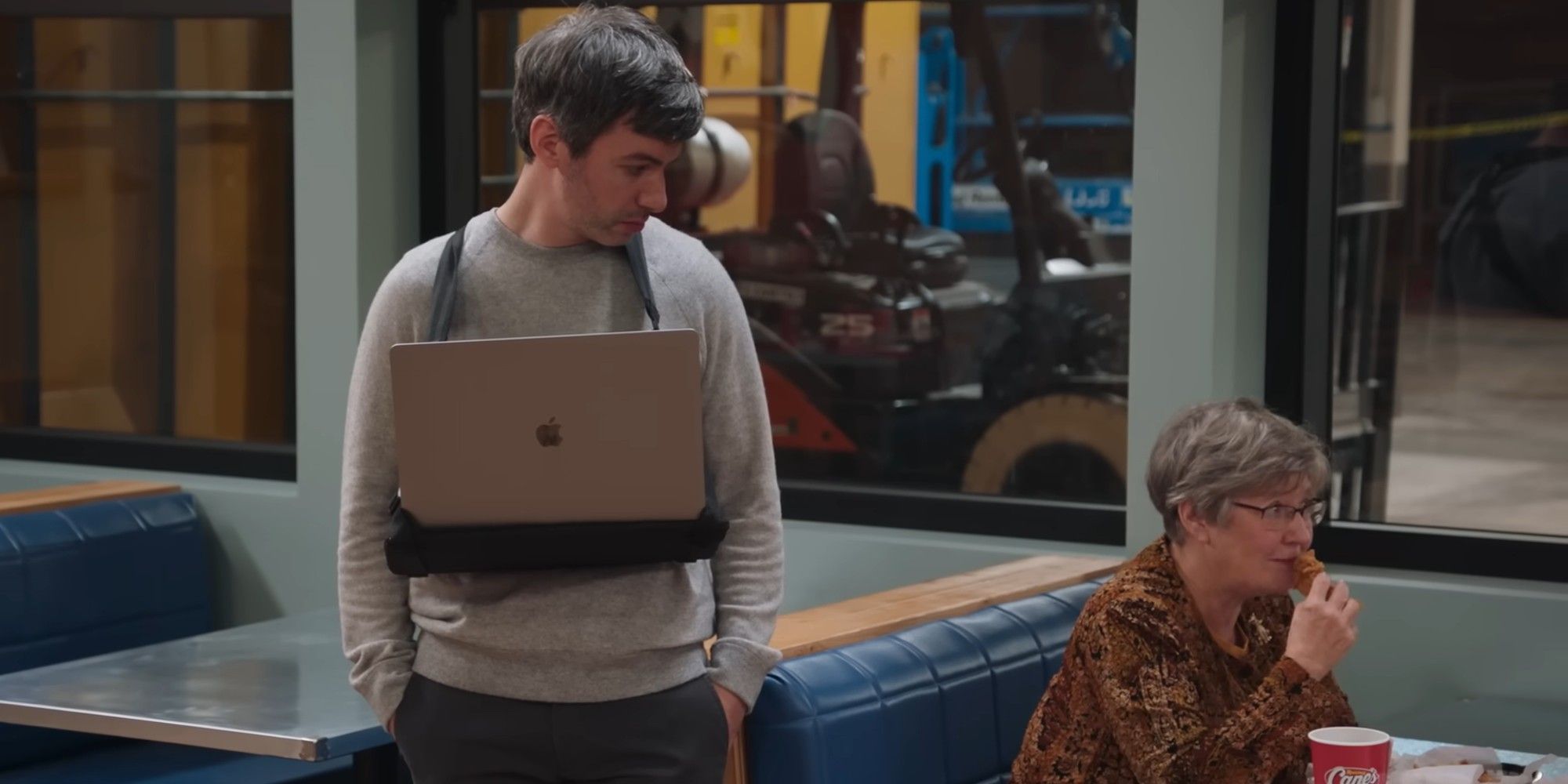 On The Rehearsal, Nathan Fielder watches an extra pretend to eat.