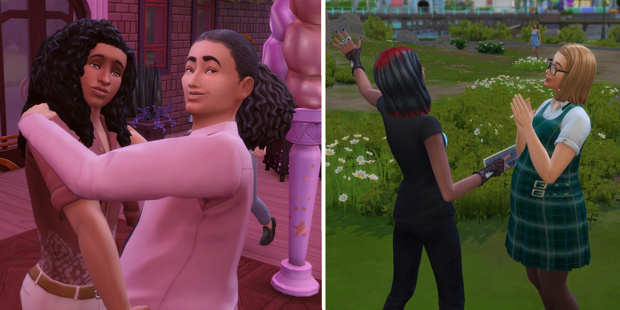Two LGBT teen couples embrace and recite poetry in The Sims 4