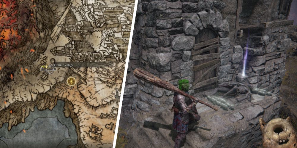 Split image of a map and a man standing at the top of a set of stone stairs