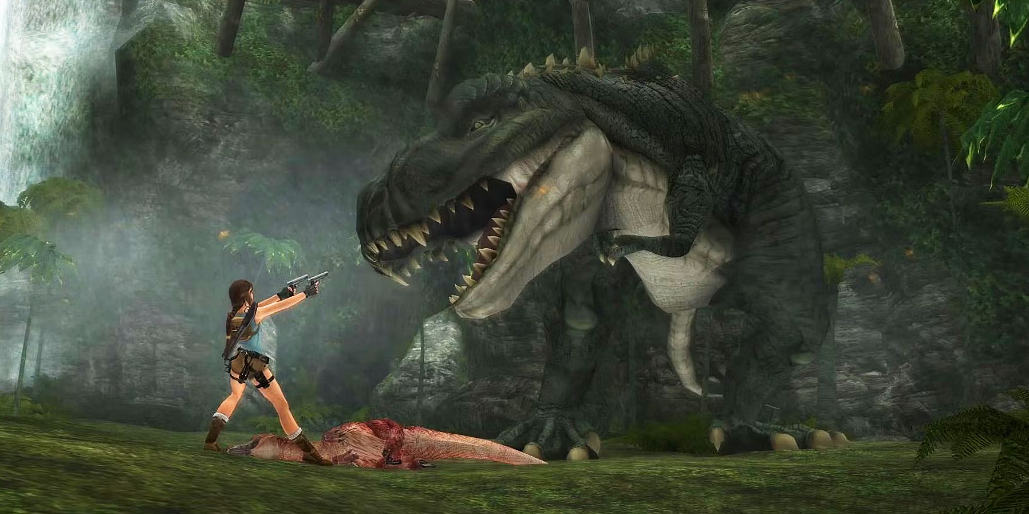 Lara Croft meets a T Rex in Tomb Raider Anniversary