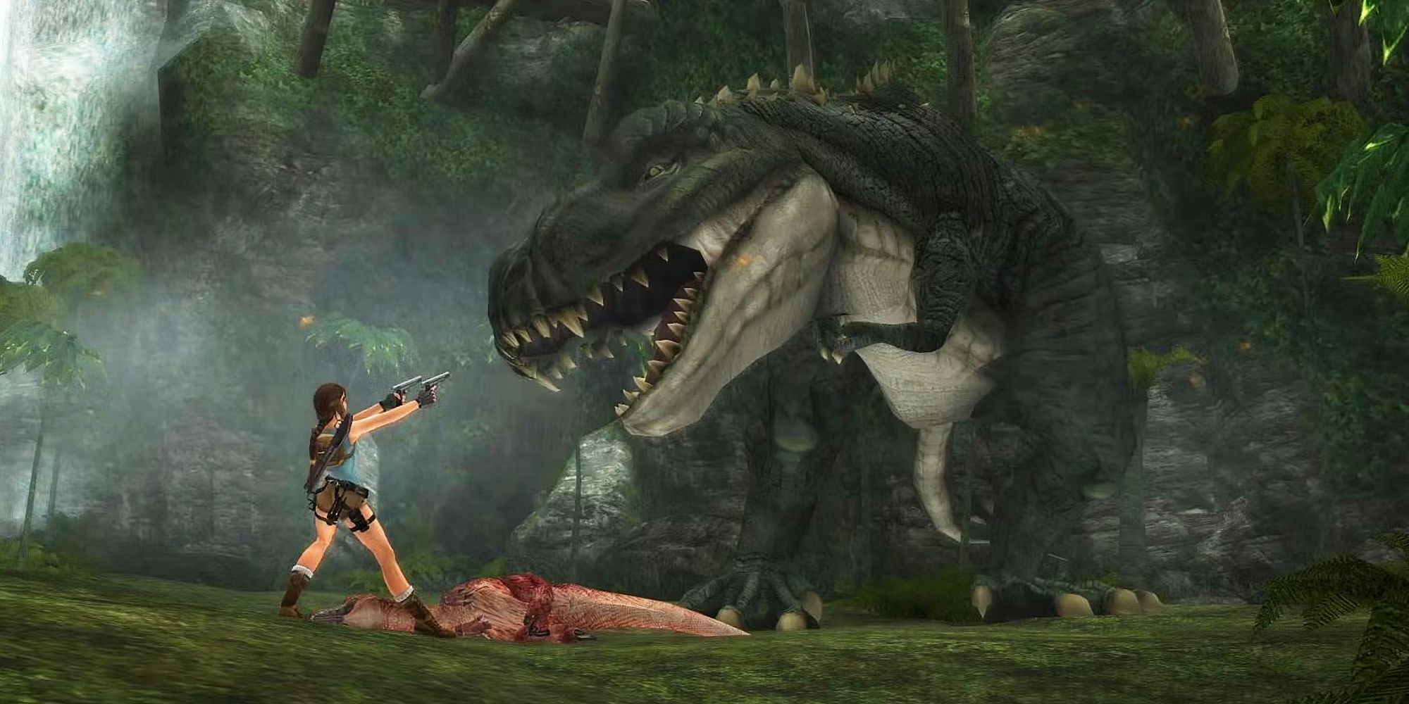 Lara Croft faces a T Rex in Tomb Raider Anniversary