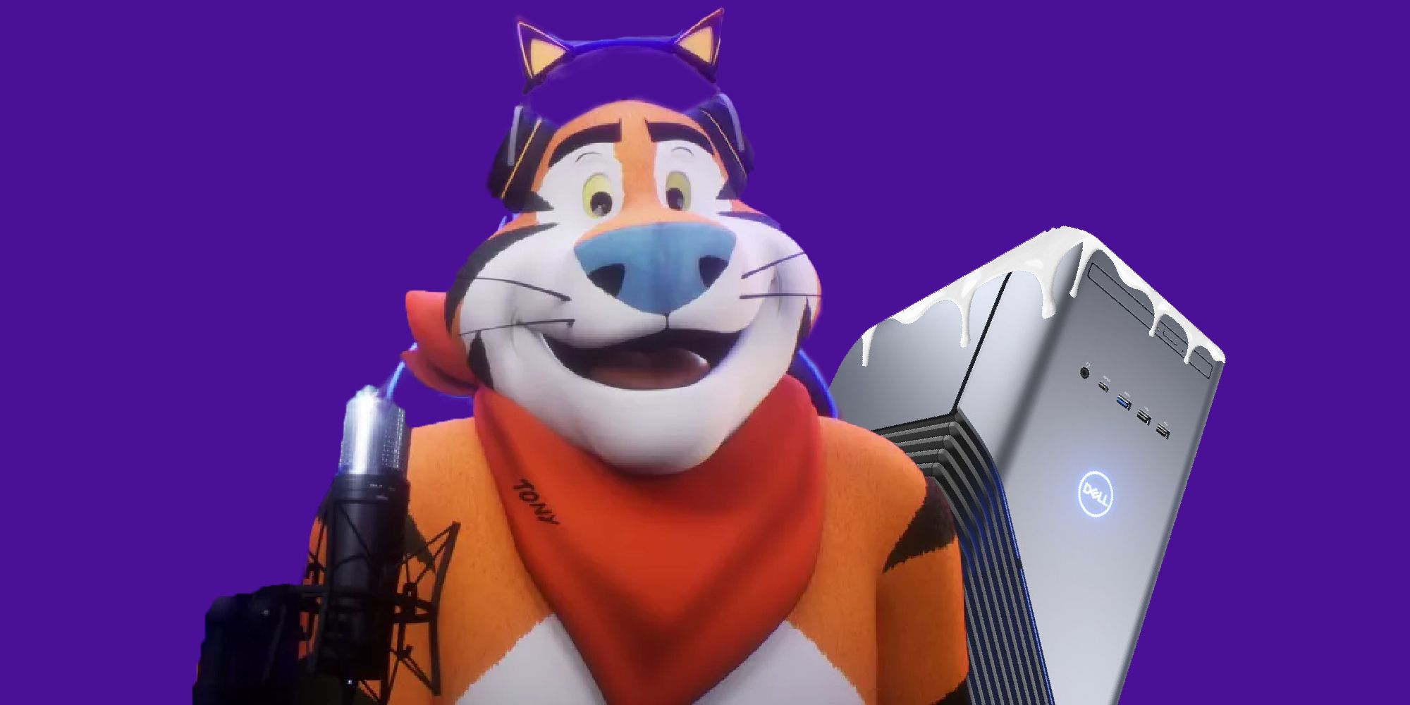 tony the frosties tiger with a milky pc behind him