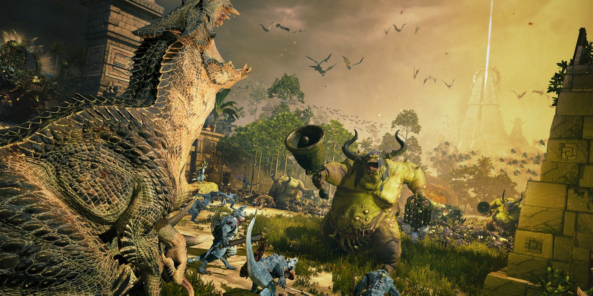 Total War Warhammer 3 Immortal Empires dinosaur versus a large green ork