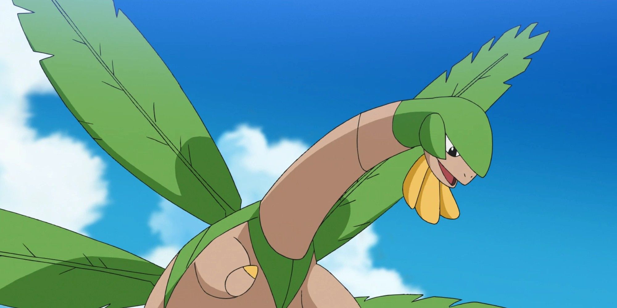 Tropius from the anime flying in air and looking down