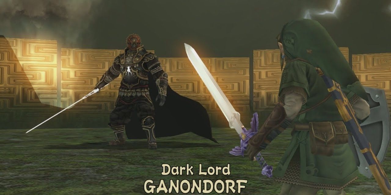 Link and Ganondorf facing each other with their swords drawn at night in Twilight Princess