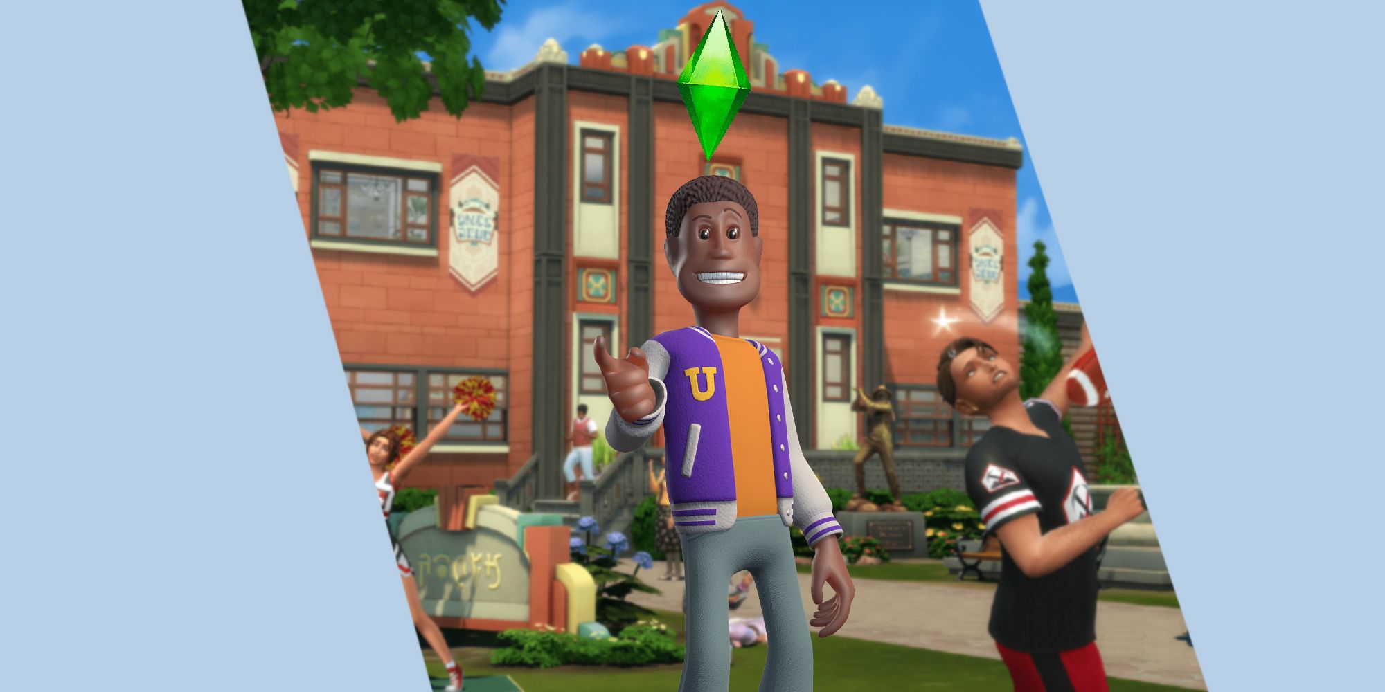 Two Point Campus character on a Life Sim backdrop
