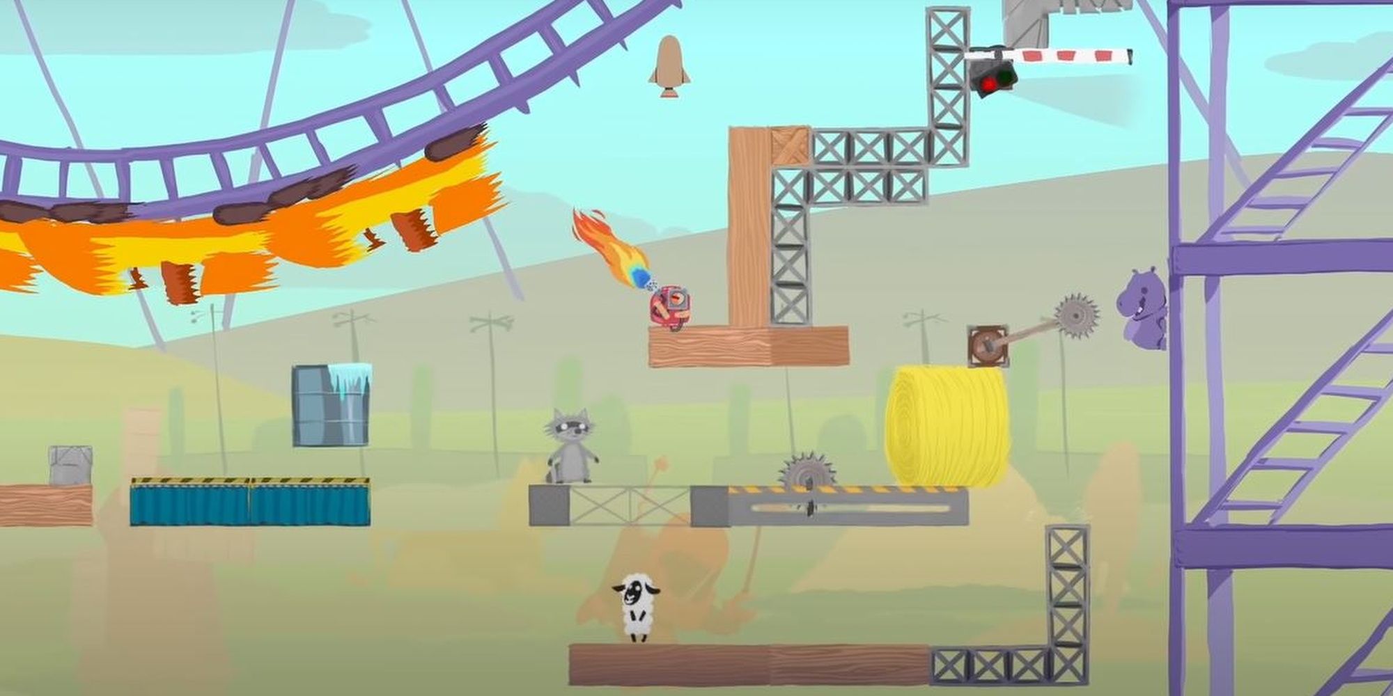 Animals from Ultimate Chicken Horse jumping and avoiding obstacles on new map rollercoaster