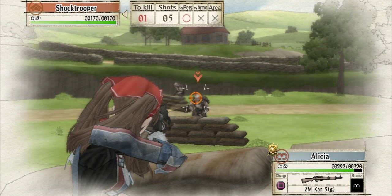 Valkyria Chronicles screenshot of Alicia shooting at an enemy soldier