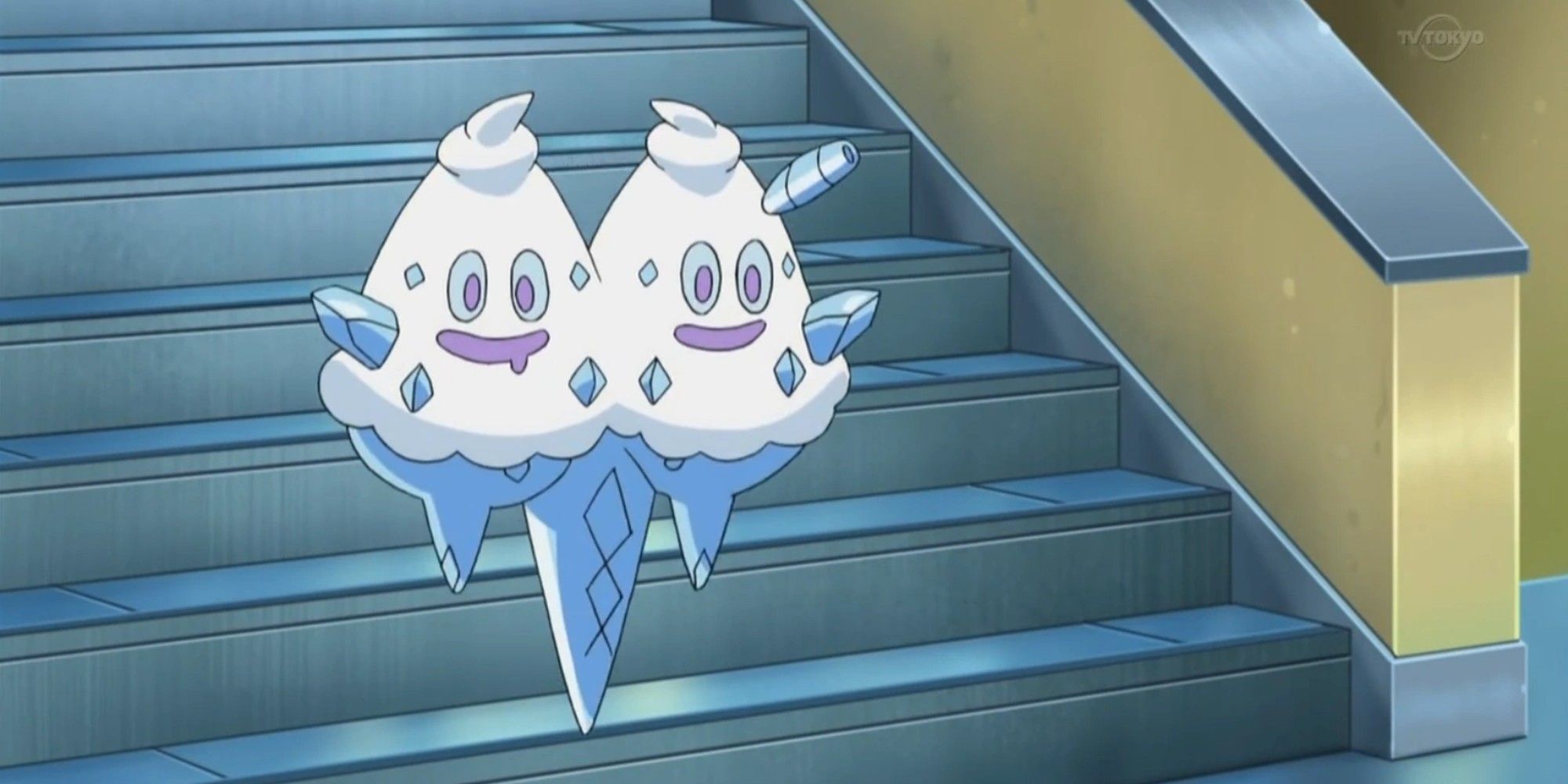 Vanilluxe from the anime going down stairs floating