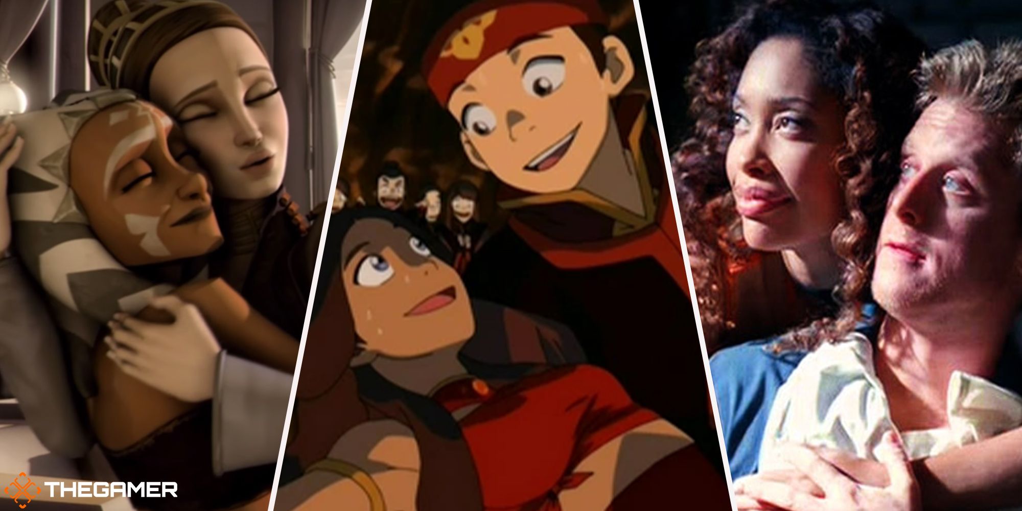 Various television shows' main characters - Ashoka and Padme from Star Wars The Clone Wars (left), Aang and Katara from Avatar the Last Airbender (middle), Wash and Zoe from Firefly (right)