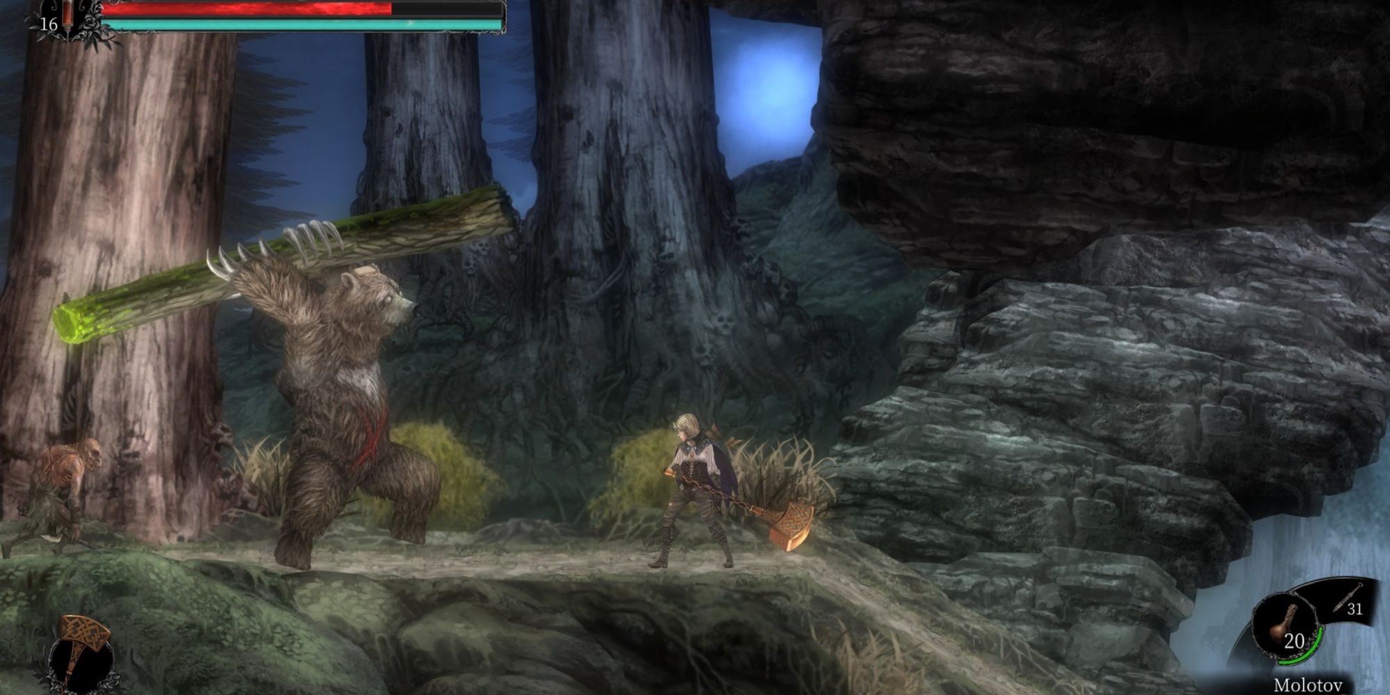 Character fighting a bear in the forest in Vigil The Longest Night