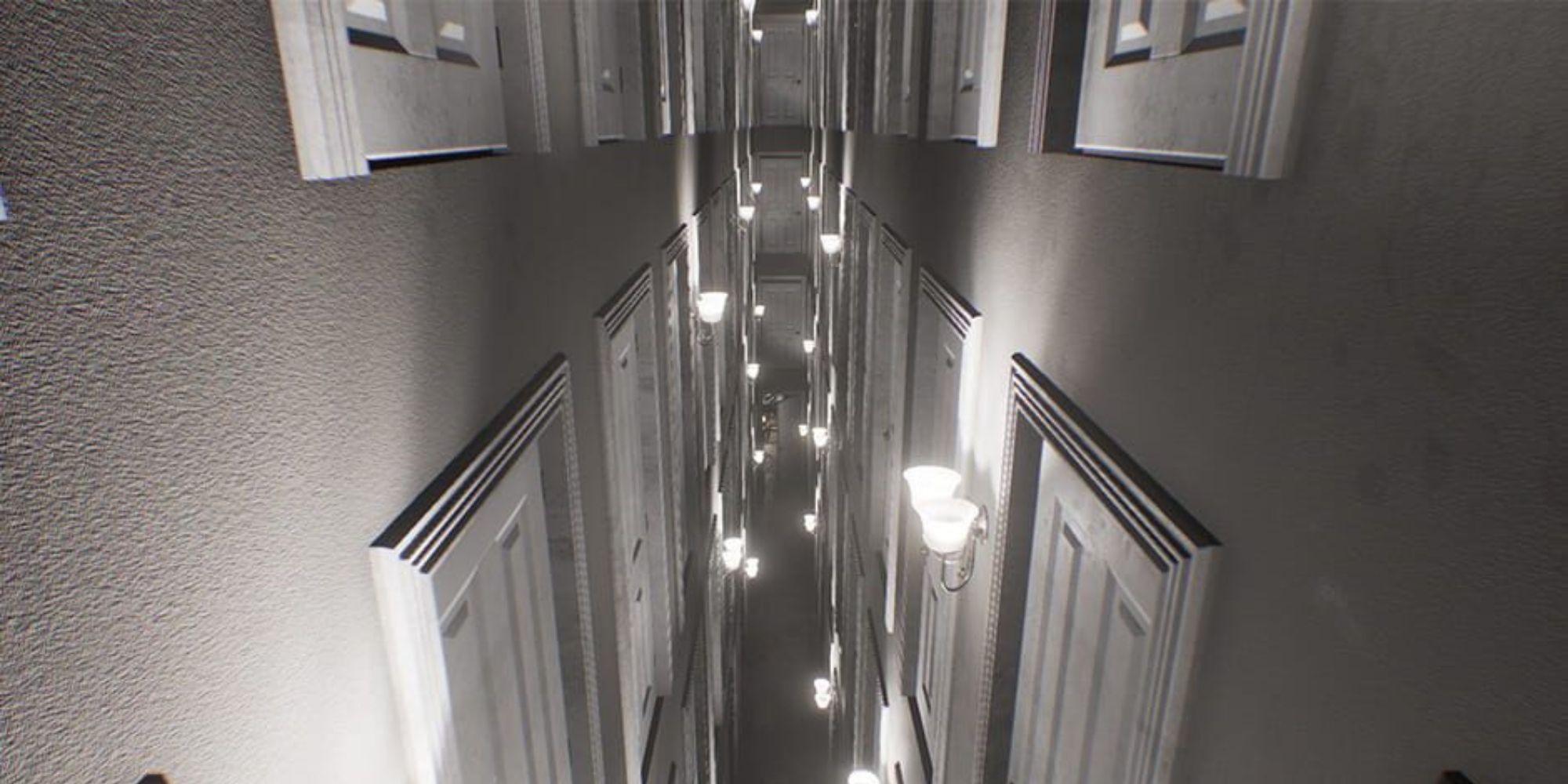 A seemingly endless and narrow hallway extends forward with multiple doors and wall lamps on the top and bottom, black and white