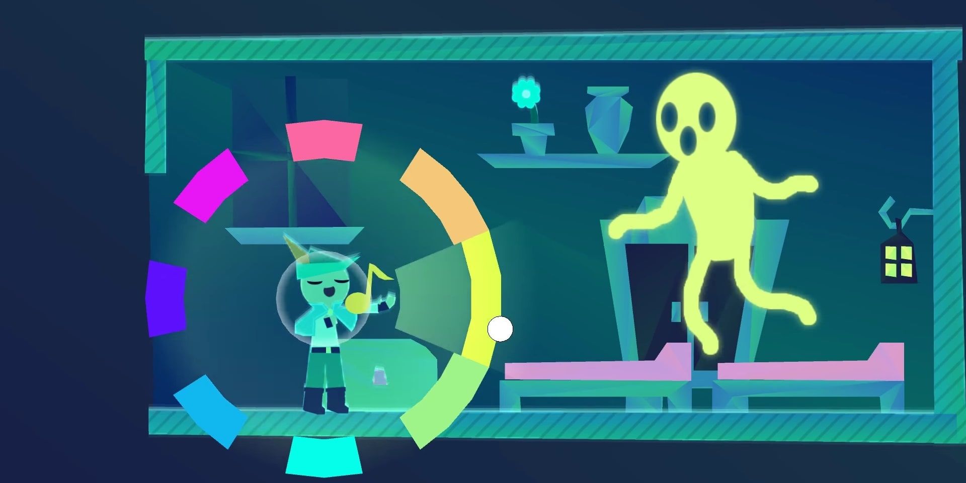 Bard battling a spooky ghost in Wandersong.