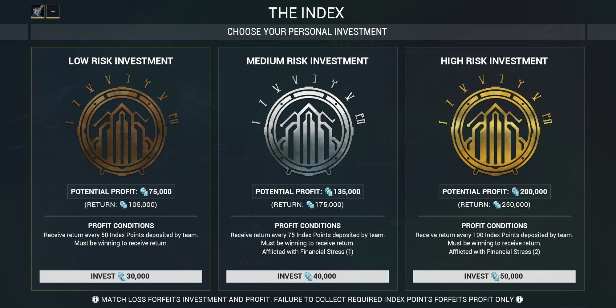 Warframe The Index Investment Menu