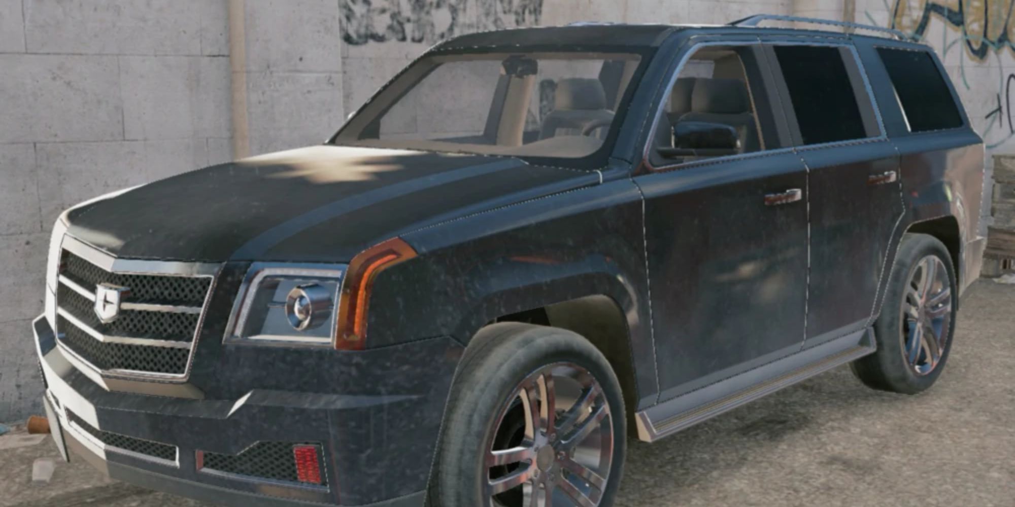A dirty TBT-7000 from Watch Dogs 2 parked by a building