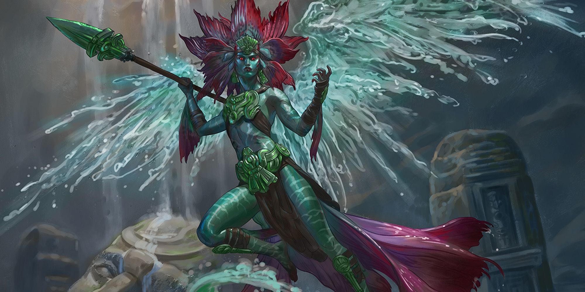 A merfolk holding a spear with wings made of water from MTG