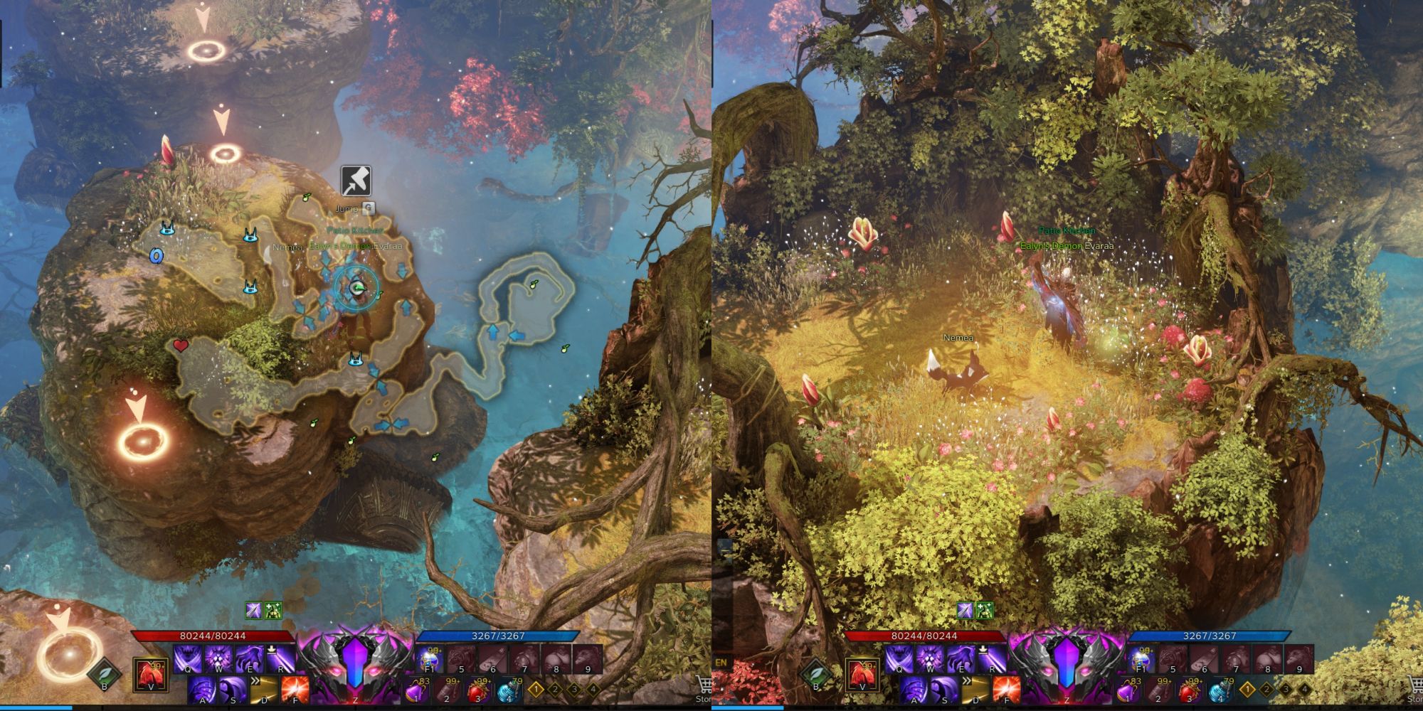 Lost Ark split image of Whispering Islet Mokoko Seed 2 location and its hidden entrance with minimap open