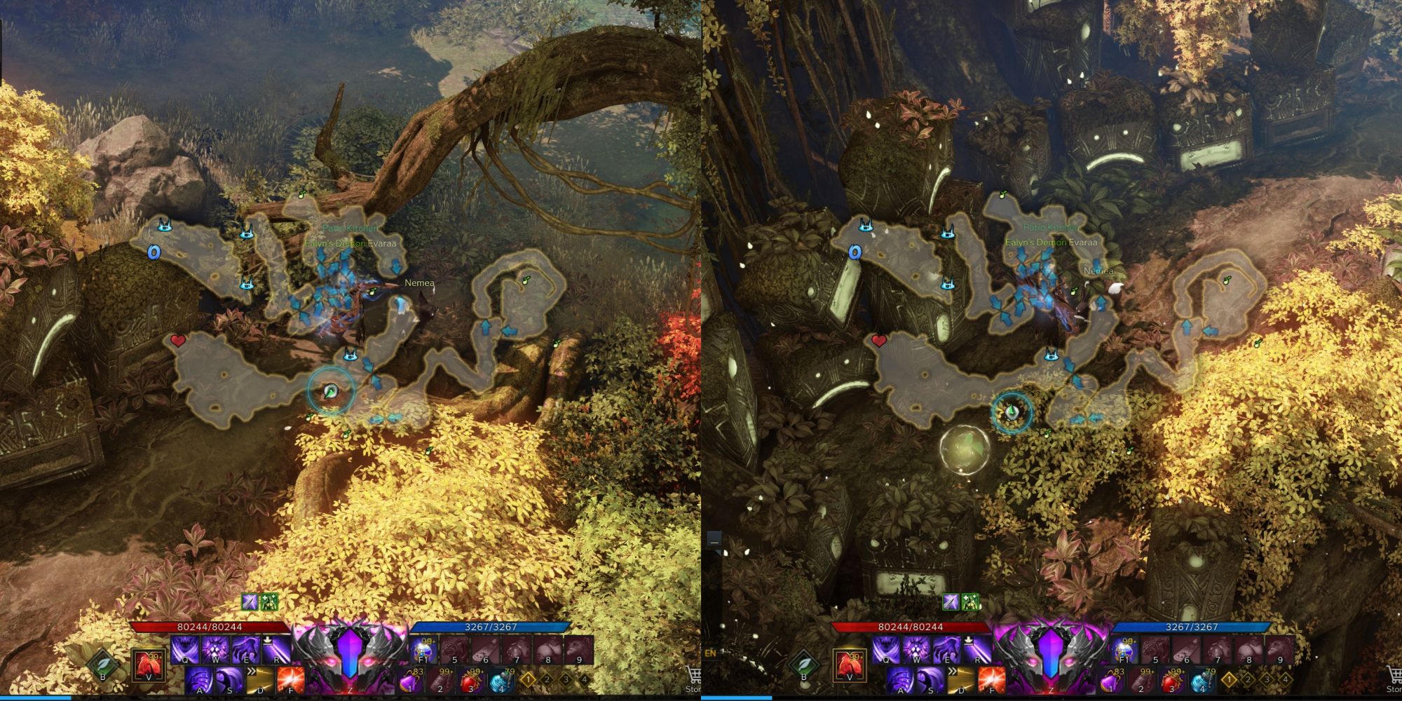Lost Ark split image of Whispering Islet Mokoko Seed 3 location and its hidden entrance with minimap open