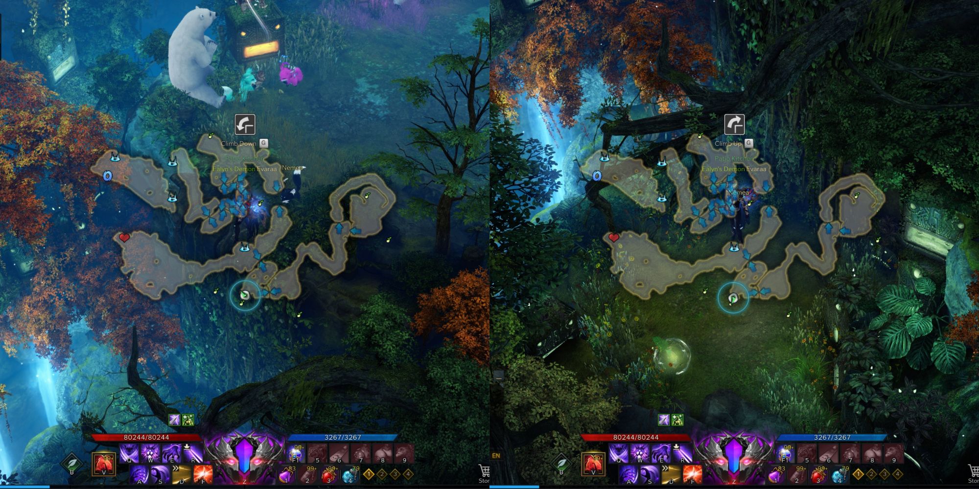Lost Ark split image of Whispering Islet Mokoko Seed 4 location and its hidden entrance with minimap open