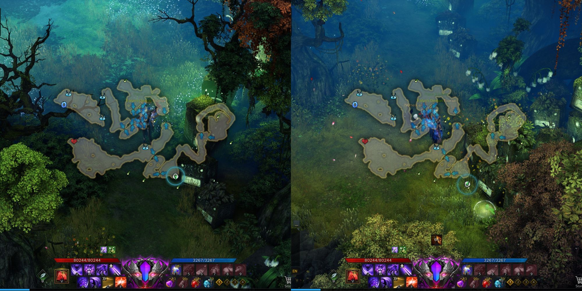 Lost Ark split image of Whispering Islet Mokoko Seed 5 location and its hidden entrance with minimap open