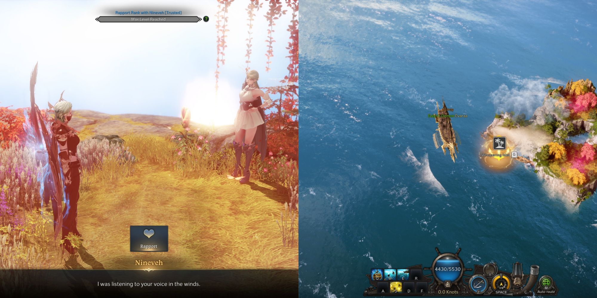 Lost Ark split image of Whispering Islet location on open seas and Nineveh Rapport