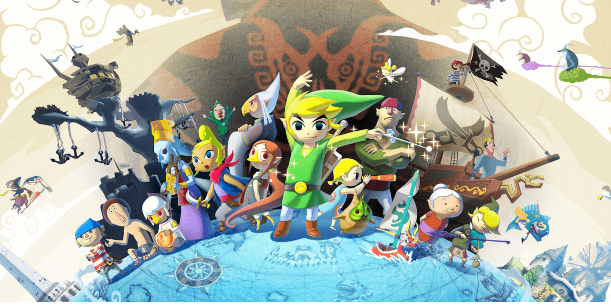 Link holding the Wind Waker and smiling surrounded by the cast of Wind Waker