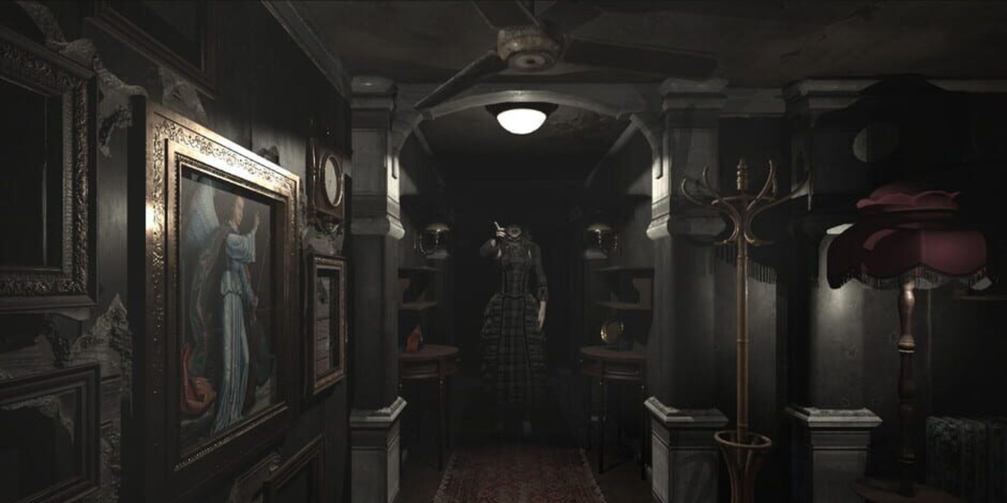 apparition pointing at player in the dark recessed hallway