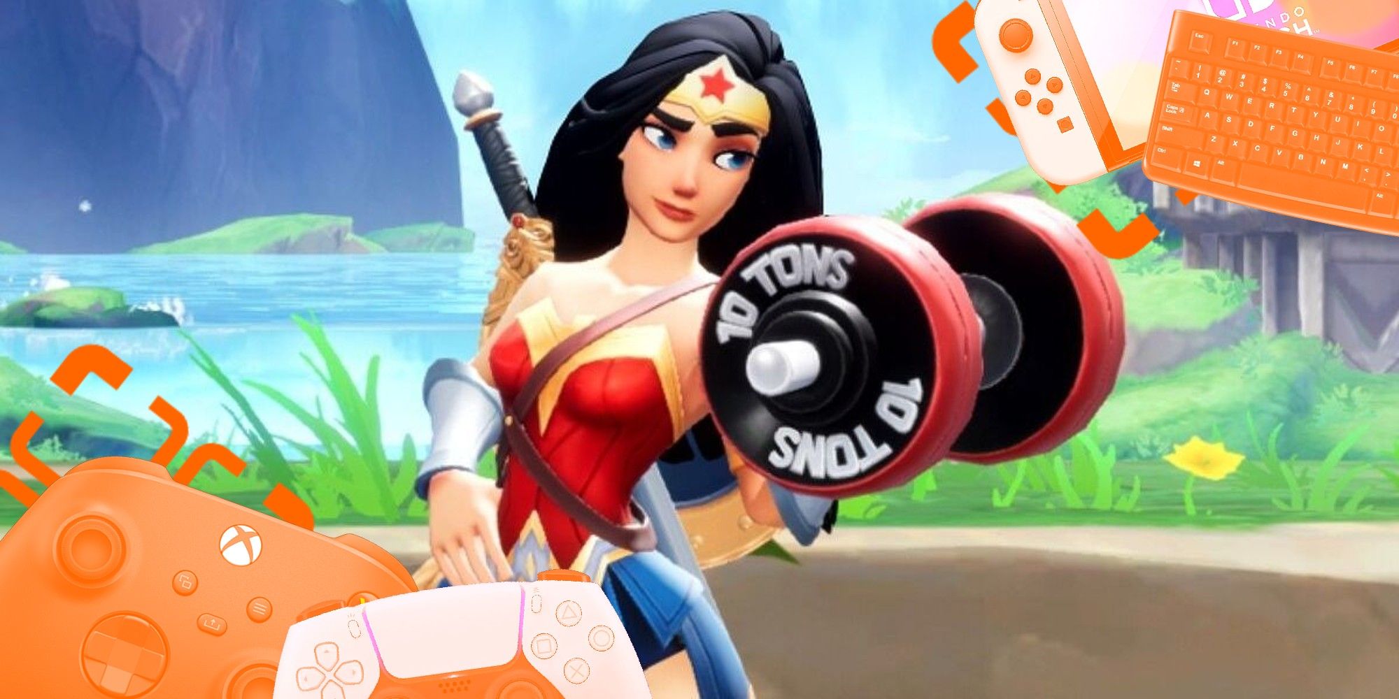 Wonder Woman Lifting A Weight Labeled 10 Tons With Game Controller Overlay